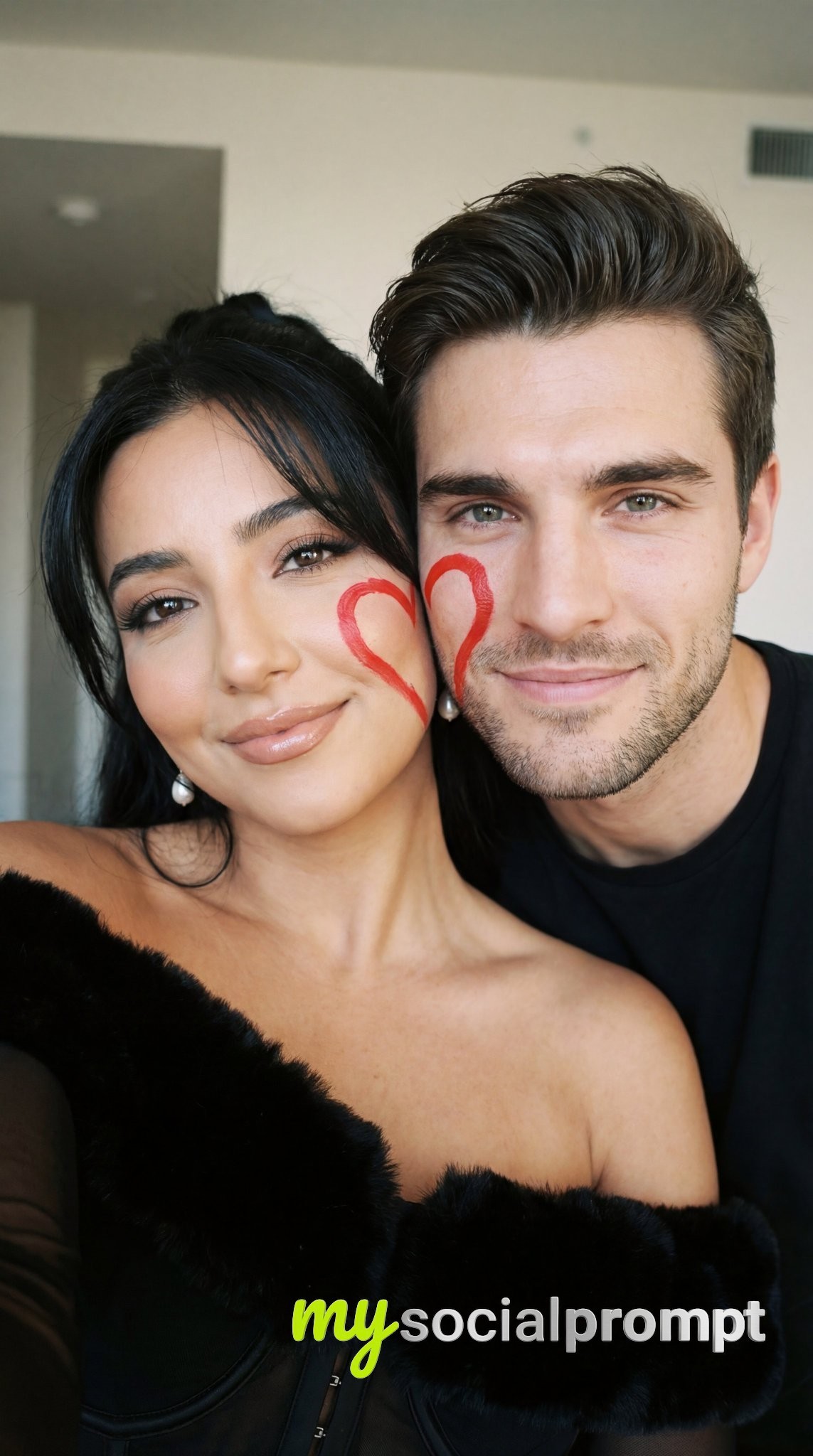 nanobanana prompt: Photorealistic Close-Up Couple Selfie with Hand-Painted Heart