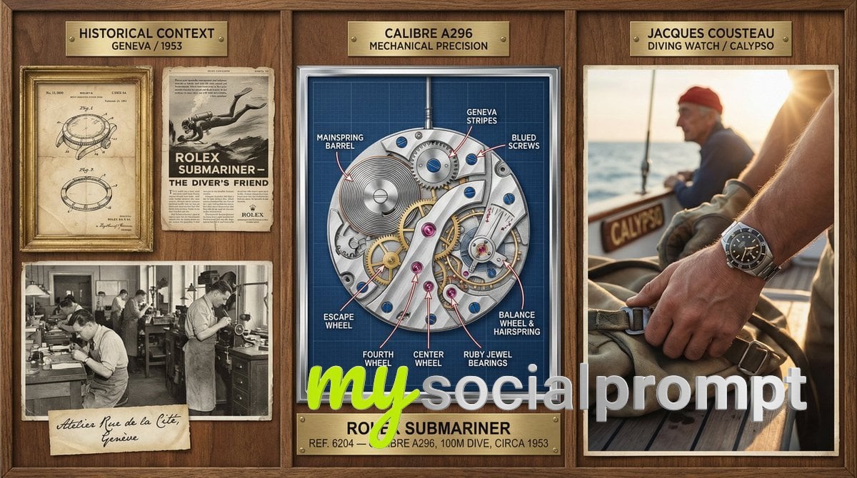 nanobanana prompt: Watchmaker Documentation Board — Sepia Patent to Chrome Precision 3