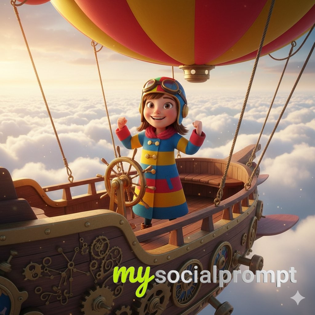 nanobanana prompt: Child Pilot on Steampunk Airship, Cinematic Golden Hour 2