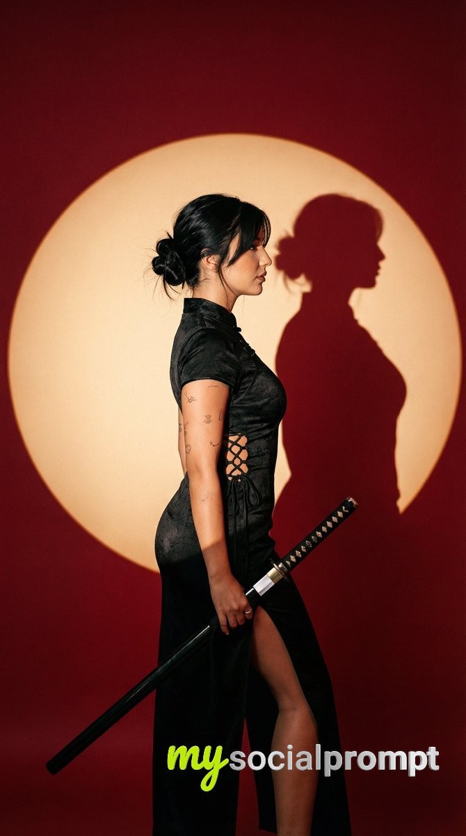 nanobanana prompt: Cinematic Fashion Portrait with Spotlight Disk and Katana