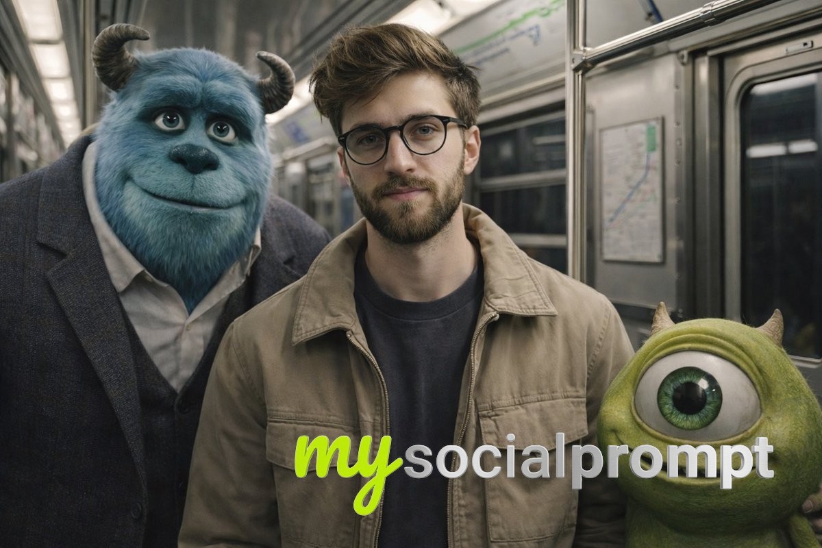 nanobanana prompt: Hyper-Realistic iPhone Photo: Human with Real-World Monsters Inc. Characters in Subway