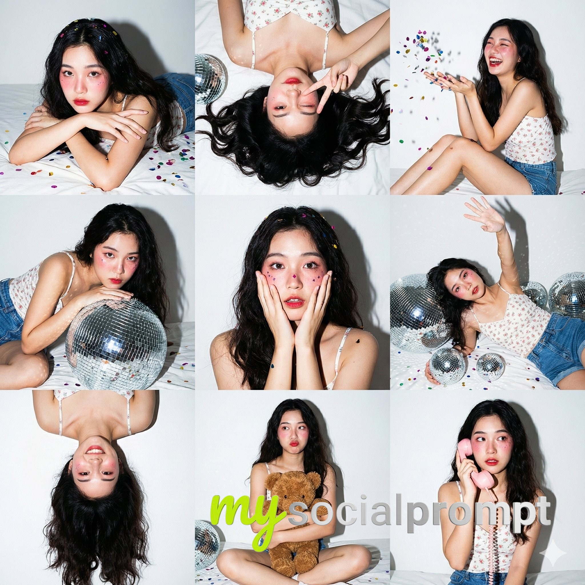 nanobanana prompt: Gen Z Home Party 3x3 Grid with Hard Flash Lighting