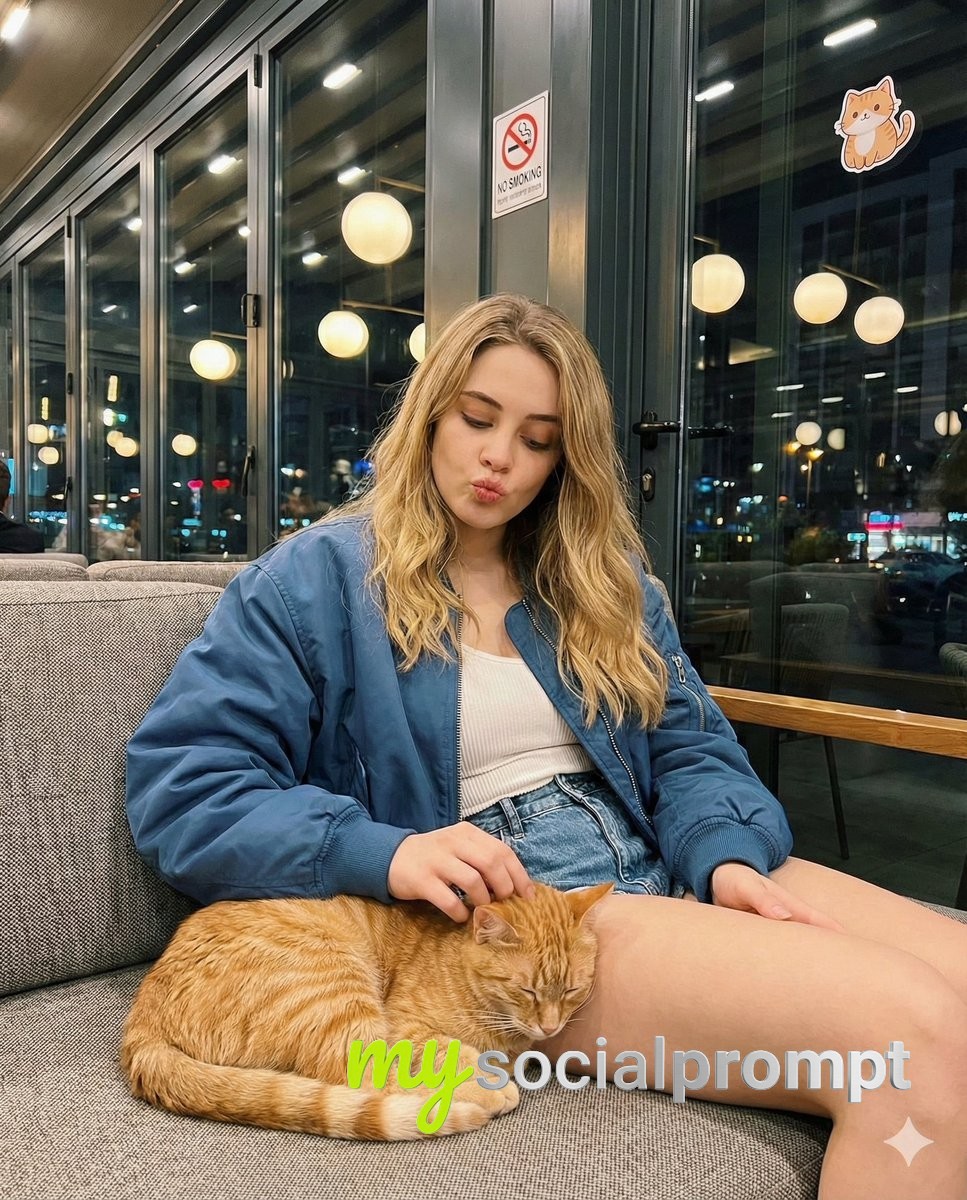 nanobanana prompt: Candid Cafe Portrait with Ambient Lighting & Casual Composition