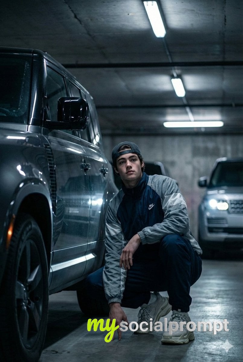 nanobanana prompt: Hyper-realistic low-angle portrait of a young man with Land Rover Defender in cinematic garage lighting 2