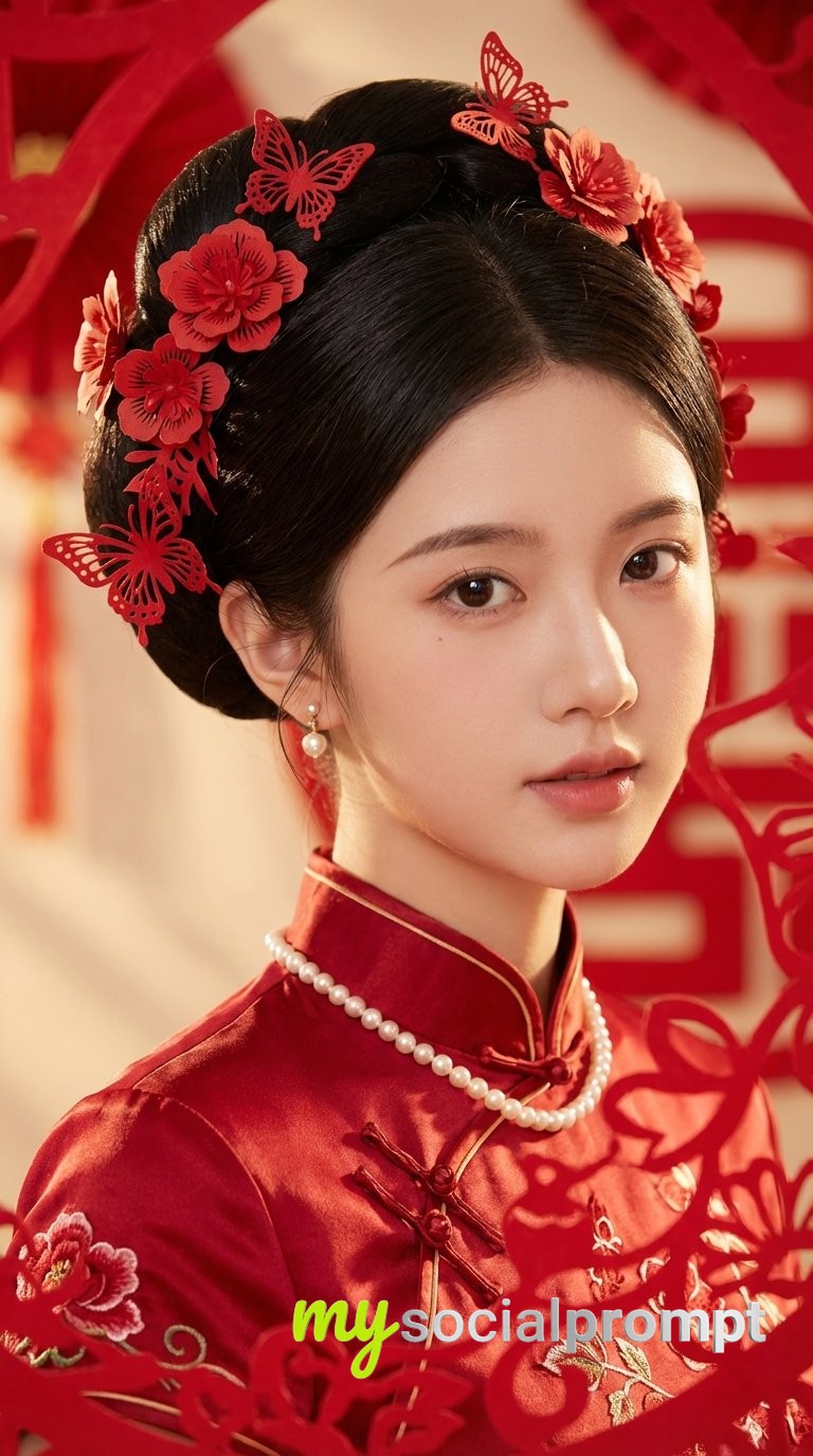 nanobanana prompt: Traditional Chinese Bridal Portrait with Paper-Cut Ornaments