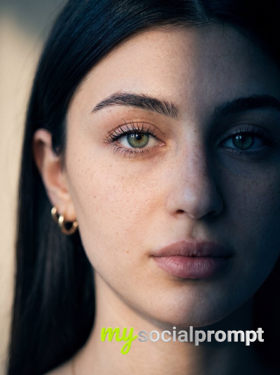nanobanana prompt: Cinematic Split Lighting Portrait of Fair-Skinned Woman with Green Eyes