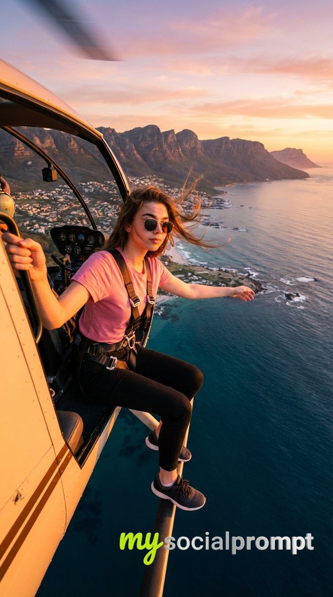 nanobanana prompt: Cinematic Aerial Portrait with Golden Hour Lighting