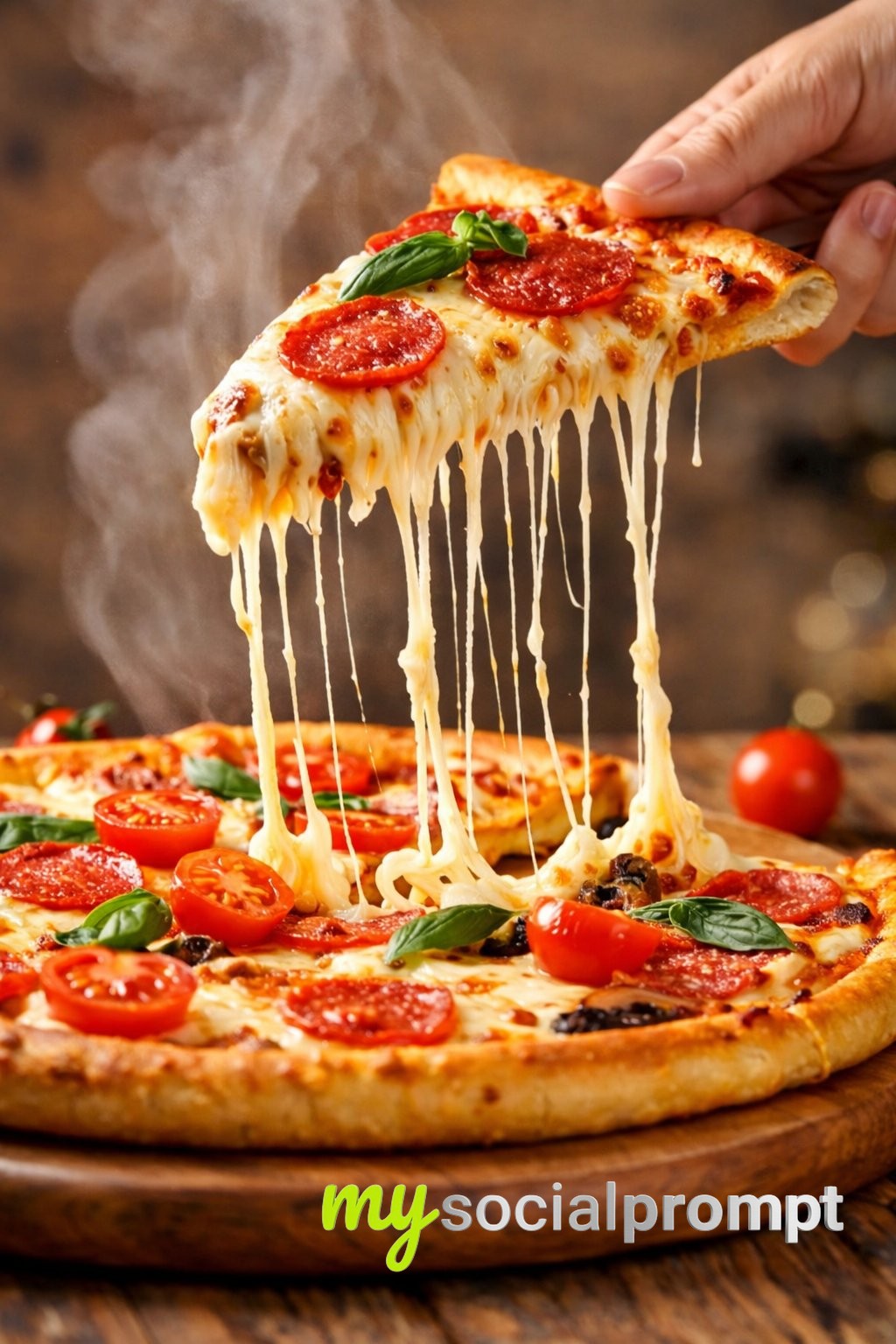 nanobanana prompt: Hyper-realistic Cinematic Pizza Slice with Dramatic Cheese Pull