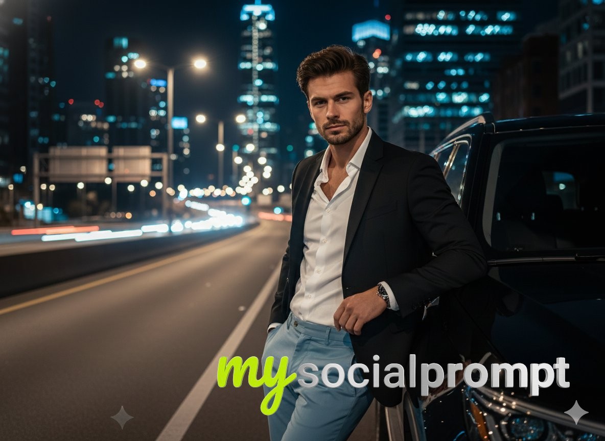 nanobanana prompt: Cinematic Urban Portrait with Luxury SUV & Moody Lighting