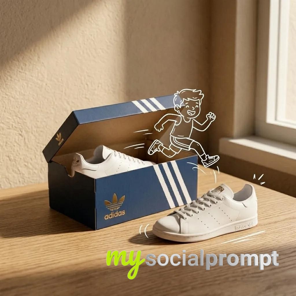 nanobanana prompt: Adidas Sneakers in Box, Minimalist Product Photography with Mixed Media Doodle