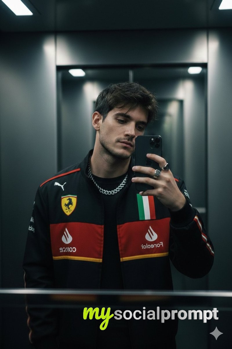 nanobanana prompt: Cinematic Mirror Selfie with Fashion Editorial Masculine Aesthetic