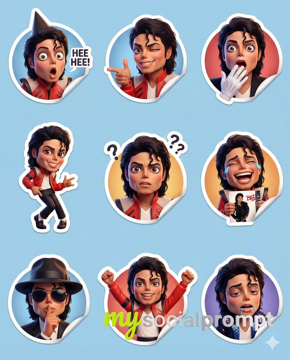 nanobanana prompt: Pixar-Style Michael Jackson Sticker Set with 3x3 Emotion Grid 4