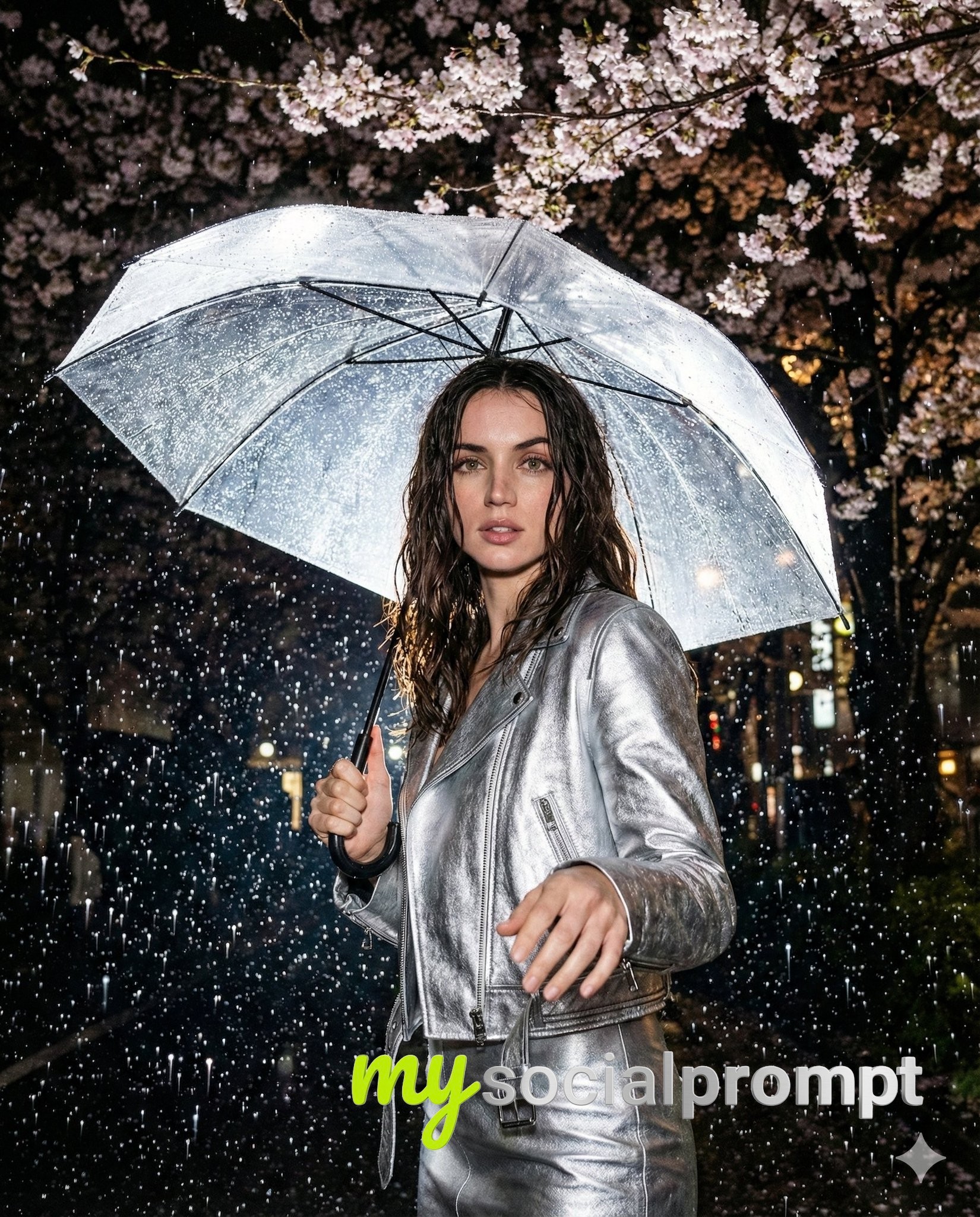 nanobanana prompt: Fashion Editorial with Cinematic Flash & Cherry Blossoms