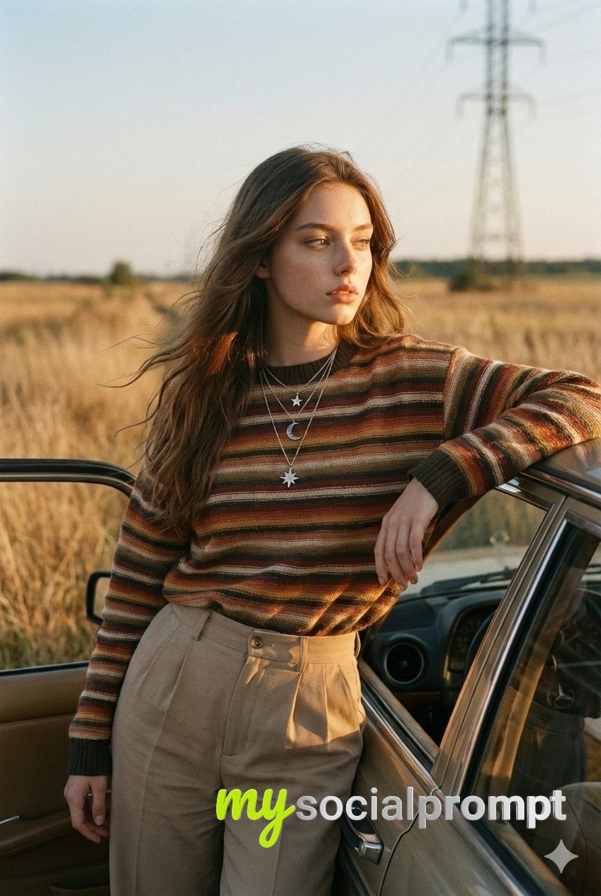 nanobanana prompt: Golden Hour Editorial Portrait with Vintage Car in Rural Landscape