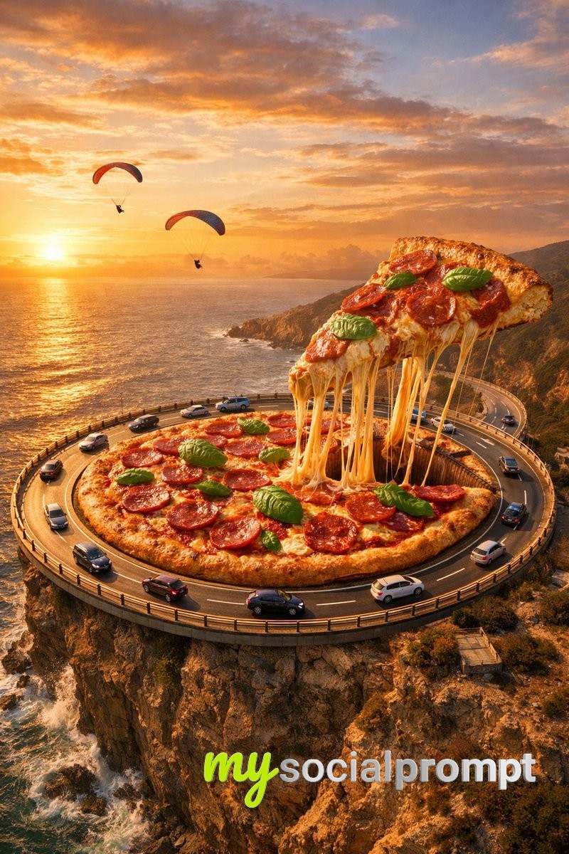 nanobanana prompt: Epic Surreal Pizza Roundabout with Cinematic Aerial Perspective