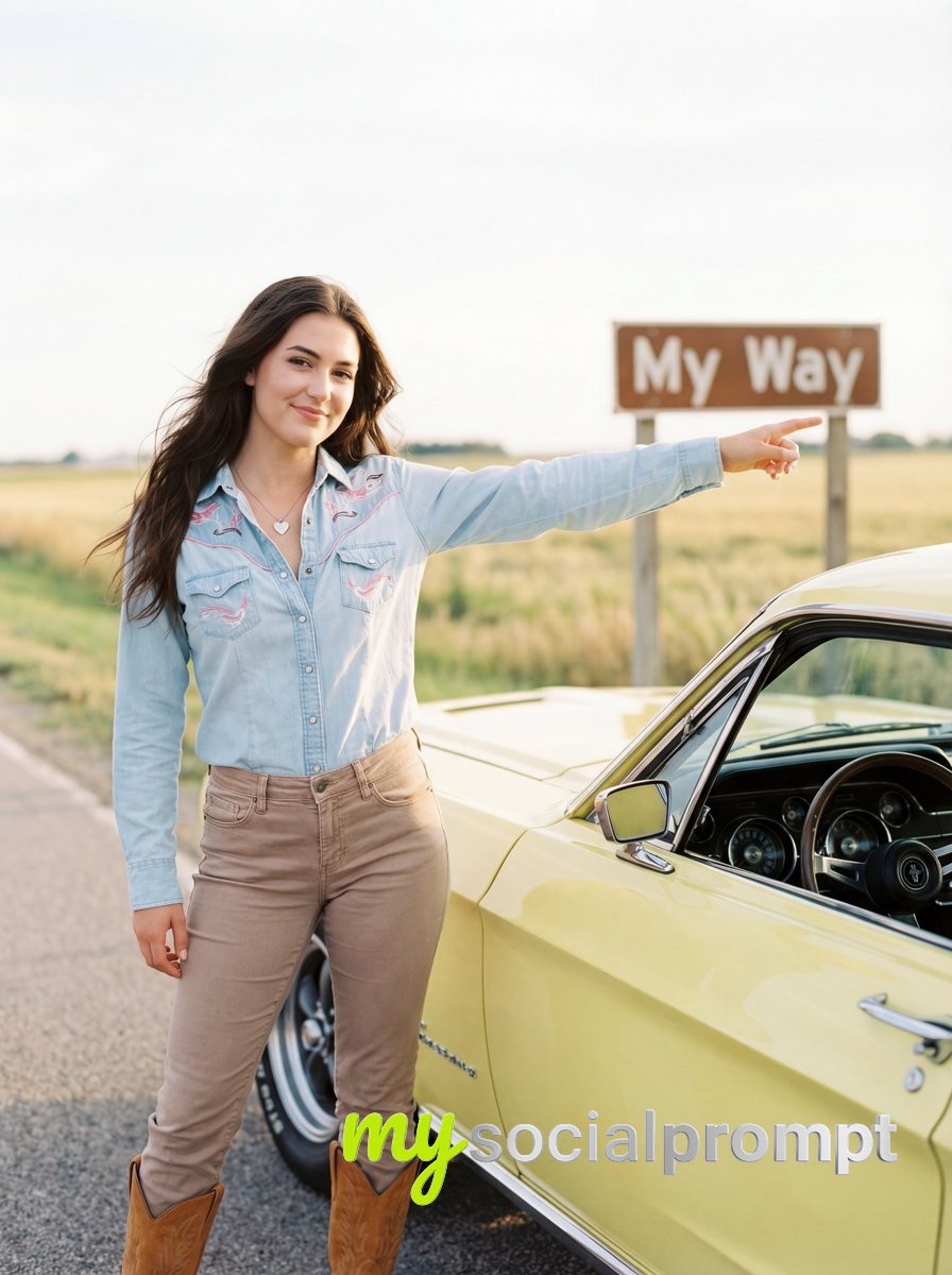 nanobanana prompt: Maximalist Editorial Americana: Cinematic Portrait with Mustang