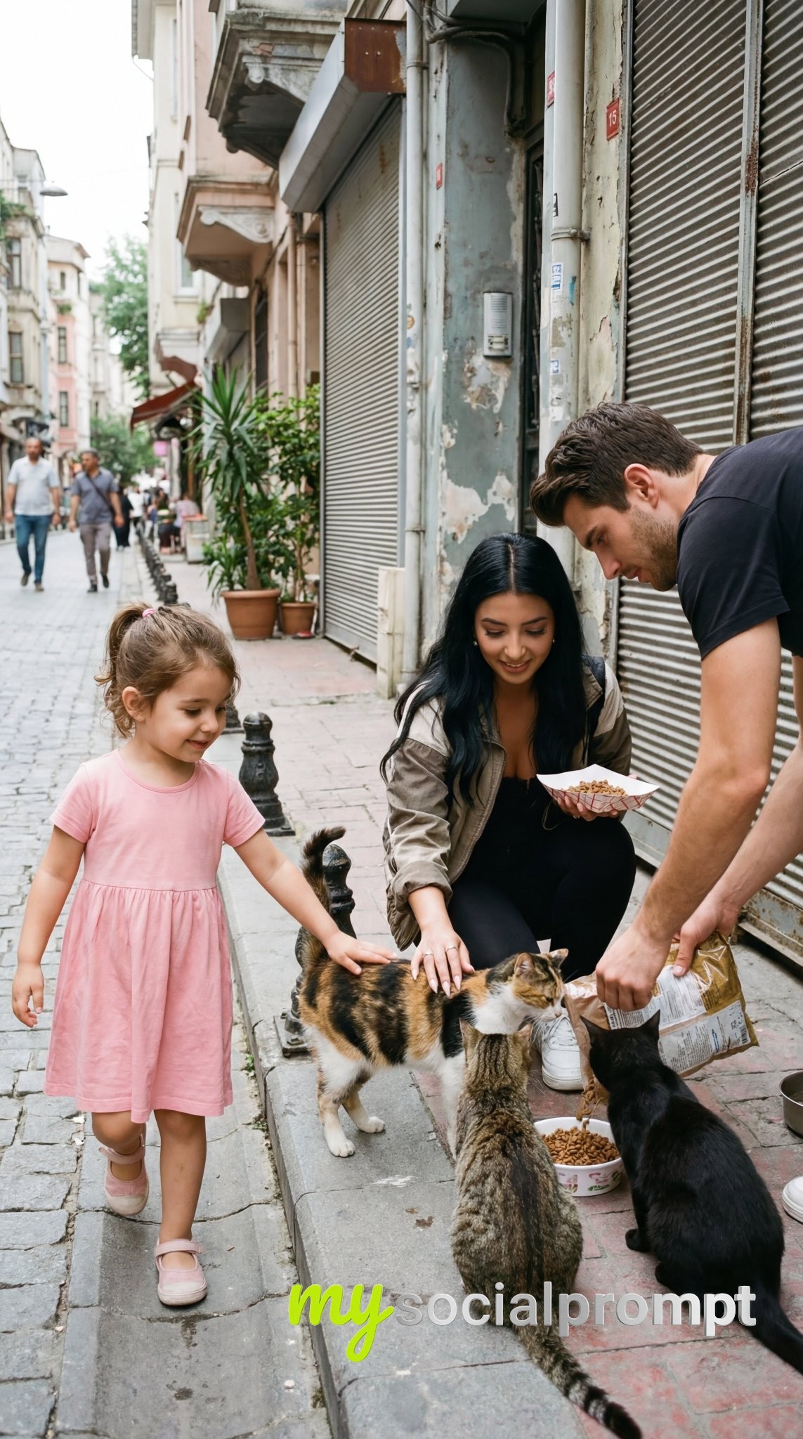 nanobanana prompt: Candid Istanbul Street Kindness – Couple Feeding Cats with Child in Pink Dress