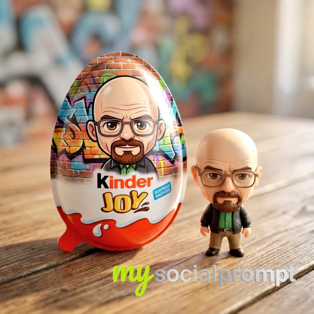 nanobanana prompt: Hyper-Realistic Product Photo of Kinder Joy Egg & Chibi Figurine on Wooden Table