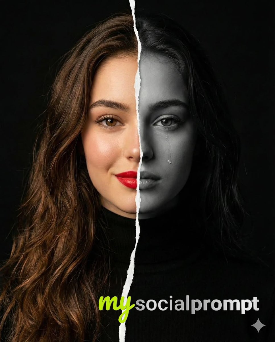 nanobanana prompt: Dual-Expression Portrait with Cinematic Lighting & Hyper-Realism