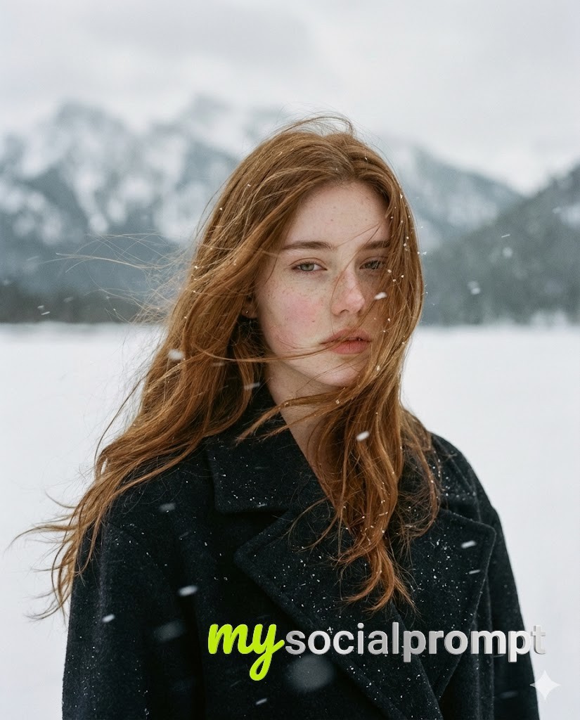 nanobanana prompt: Ethereal Winter Portrait: Cinematic Woman in Snowy Landscape
