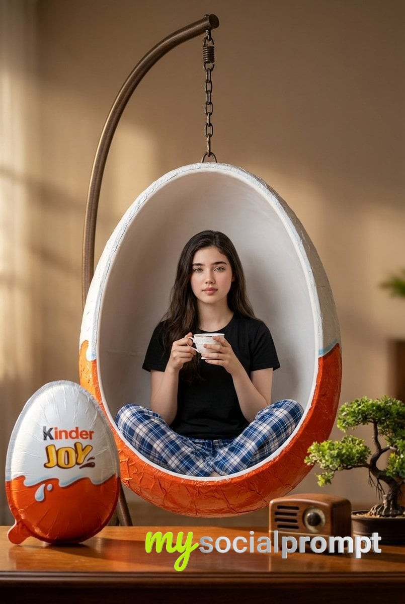 nanobanana prompt: Hyper-Realistic Surreal Portrait: Woman in Giant Kinder Joy Egg Swing