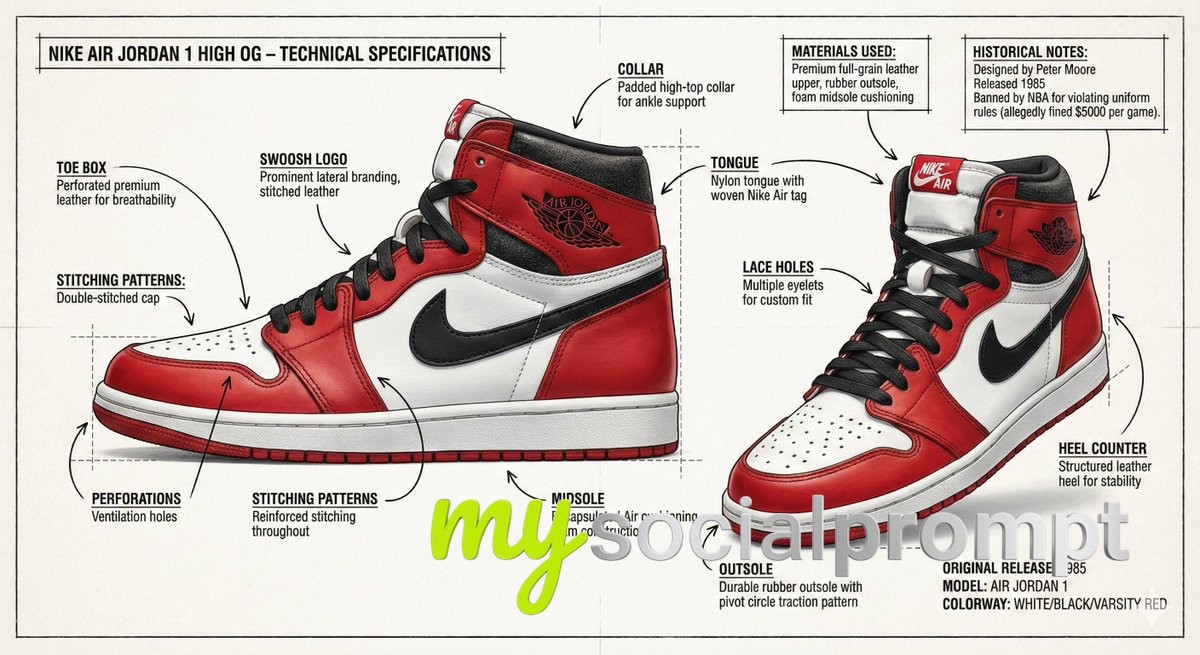nanobanana prompt: Technical Infographic of Nike Air Jordan 1 High OG Sneaker 3