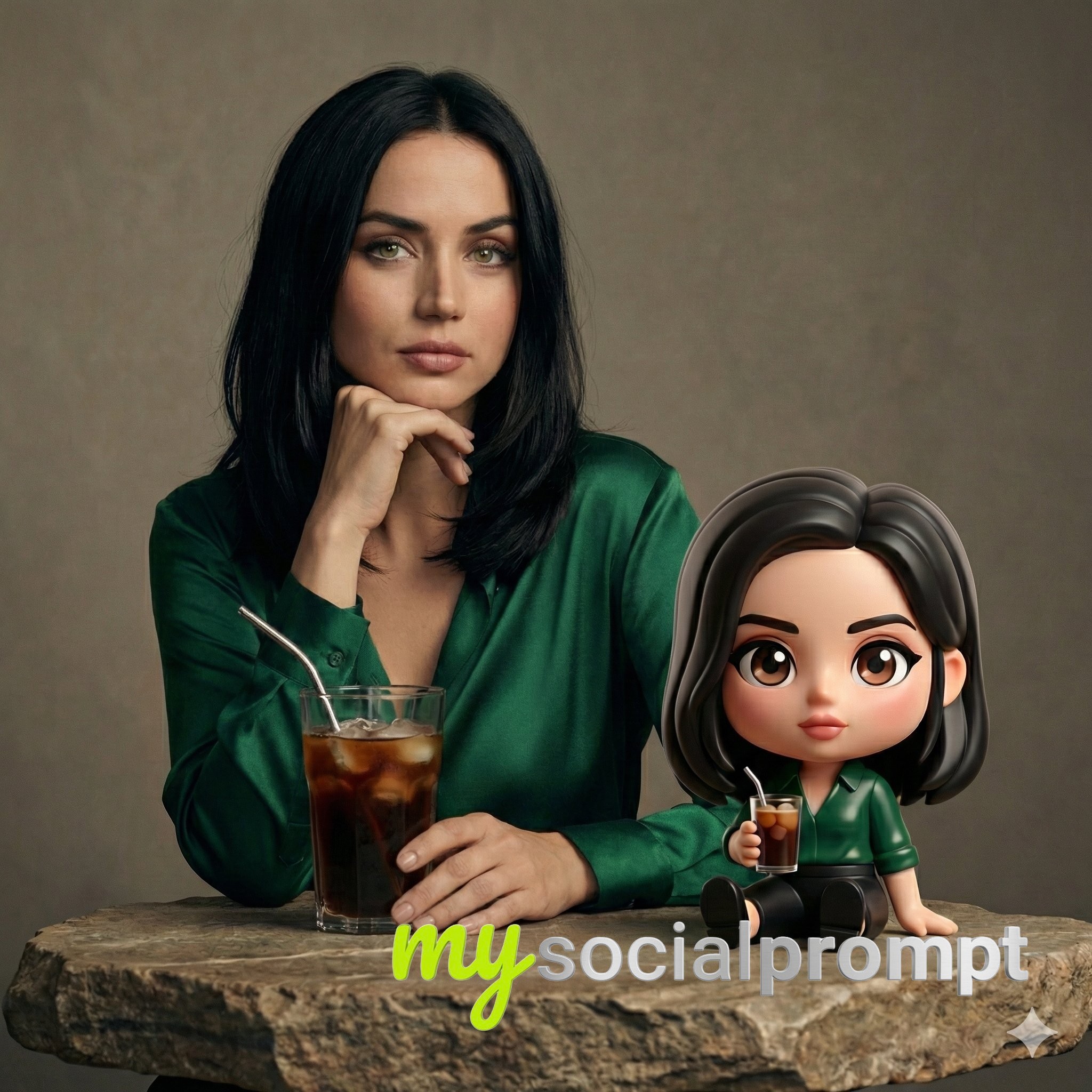 nanobanana prompt: Cinematic Studio Portrait of Ana de Armas with Chibi Collectible 2