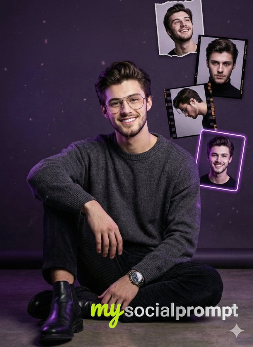 nanobanana prompt: Cinematic Birthday Portrait with Neon Typography and Floating Frames