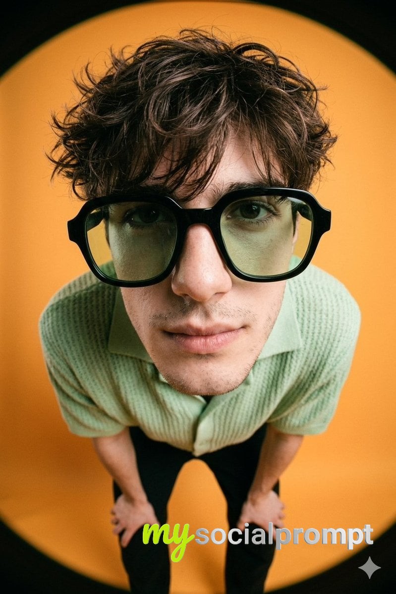 nanobanana prompt: Gen Z Fisheye Fashion Editorial in Pastel Green & Orange