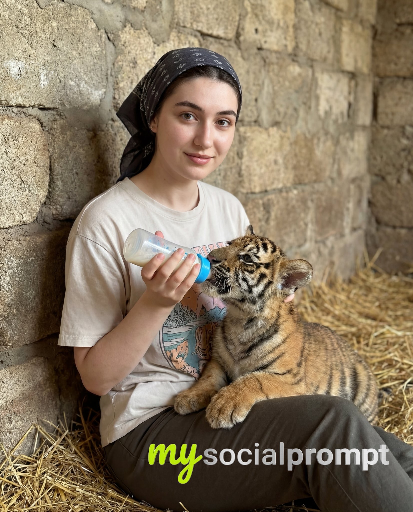 nanobanana prompt: Documentary-Style Lifestyle Portrait with Tiger Cub Interaction
