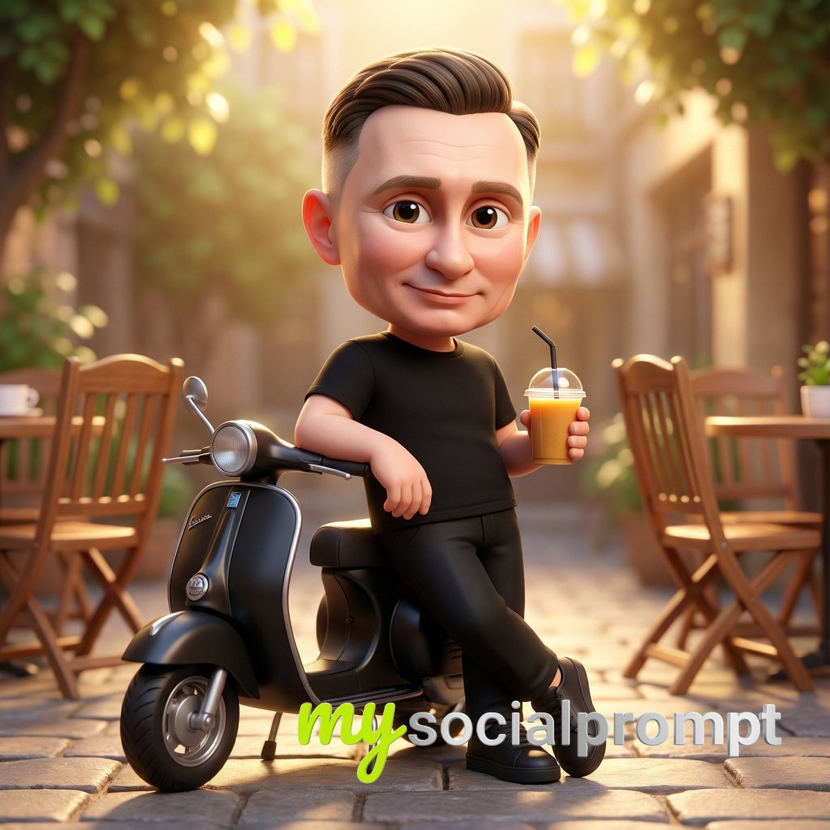 nanobanana prompt: Chibi 3D Character with Scooter in Cozy Café Courtyard, Pixar-Style 2