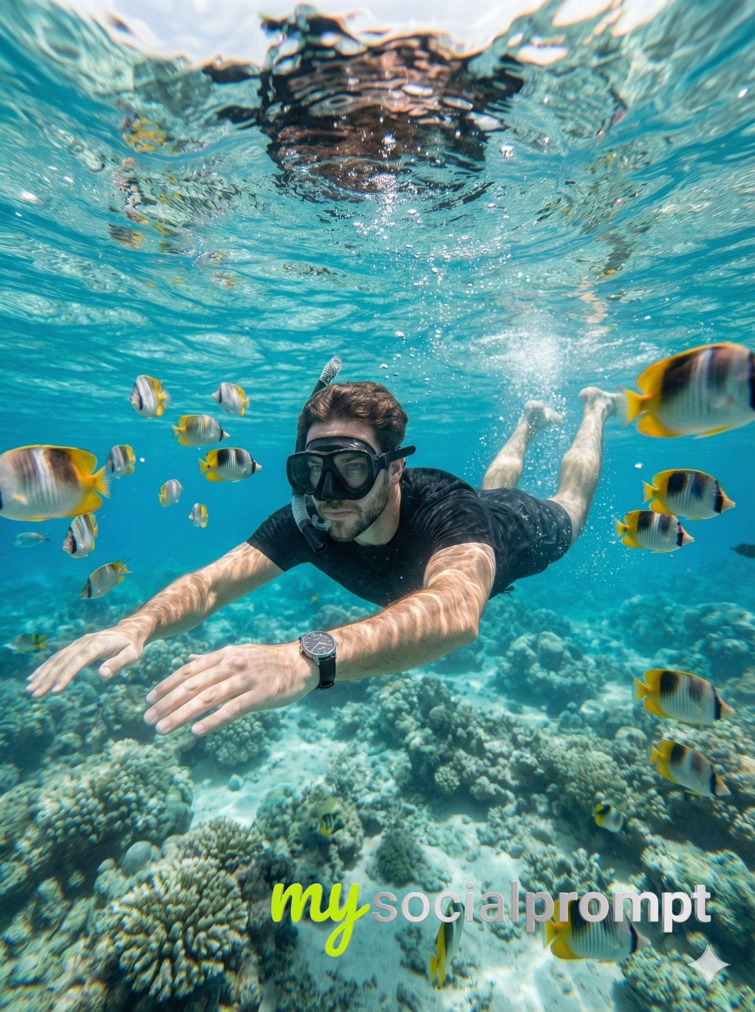 nanobanana prompt: Hyper-realistic Underwater Portrait with Wide-Angle Cinematic Lighting
