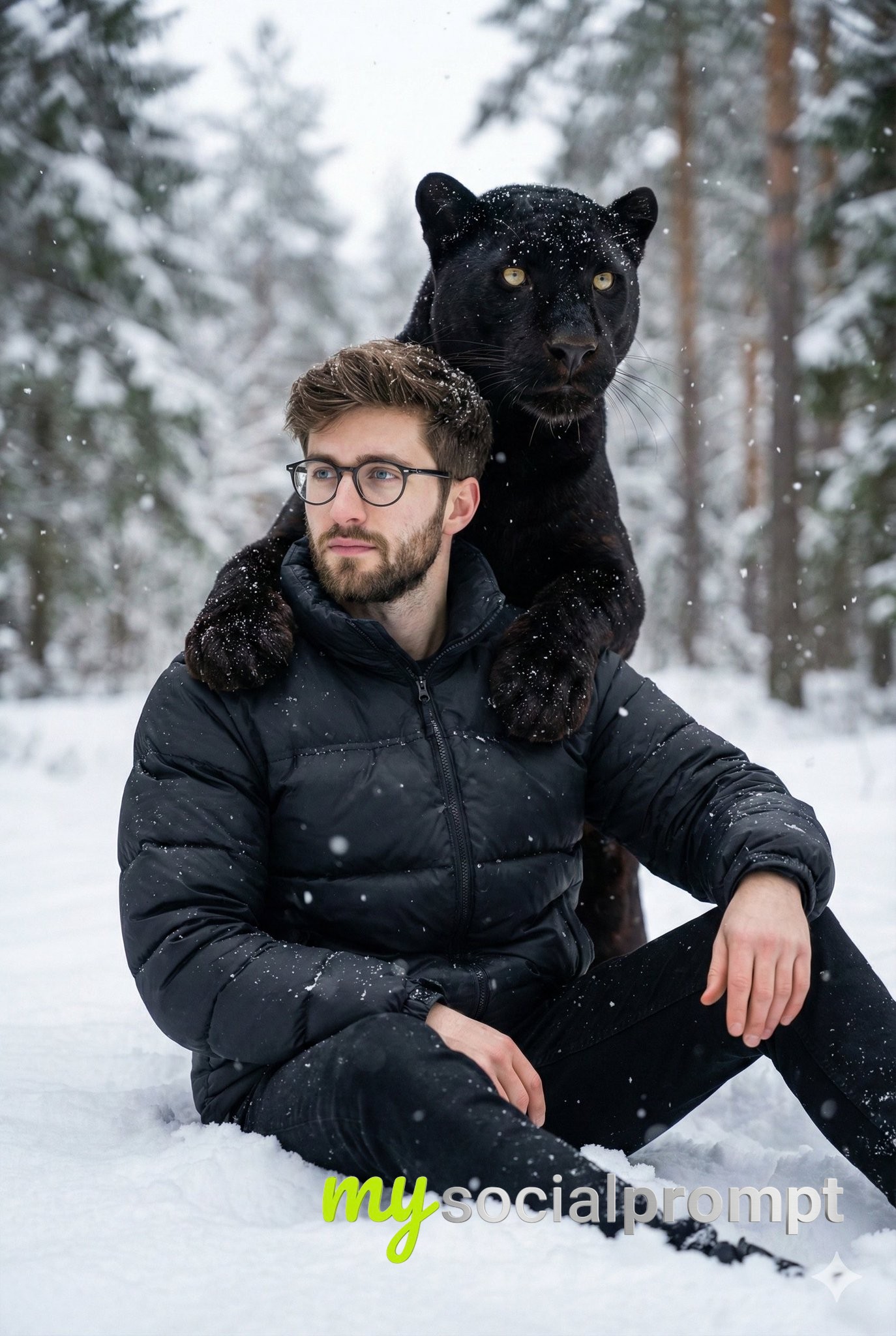 nanobanana prompt: Hyper-realistic Man with Panther in Snowy Forest