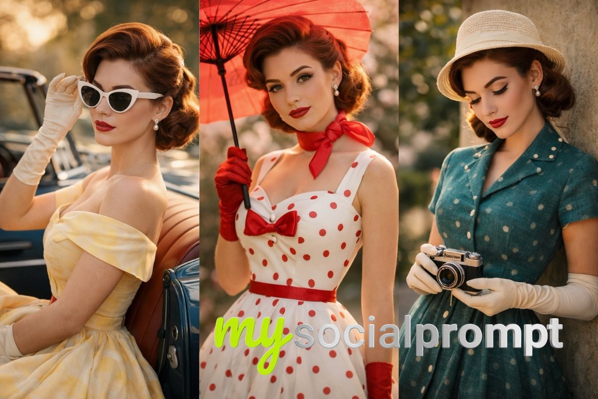 nanobanana prompt: Cinematic 1950s Fashion Portrait with Golden-Hour Lighting