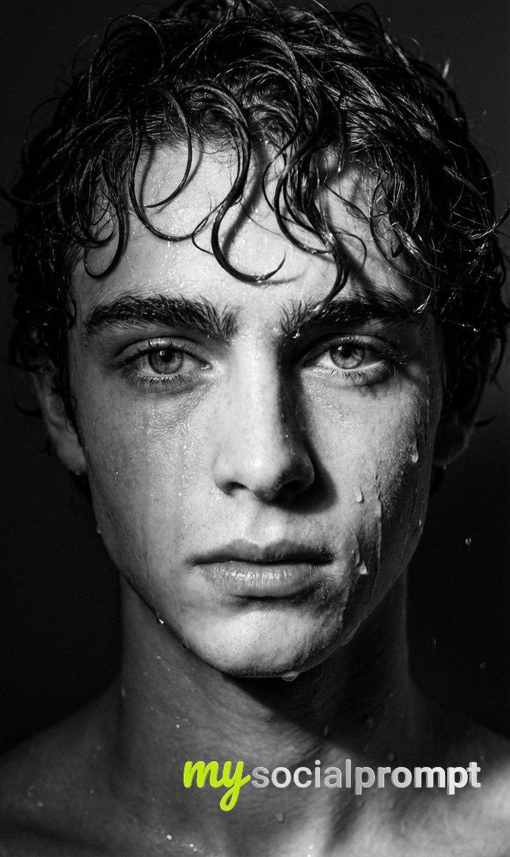 nanobanana prompt: Dramatic Black-and-White Cinematic Rain Portrait with High-Contrast Lighting