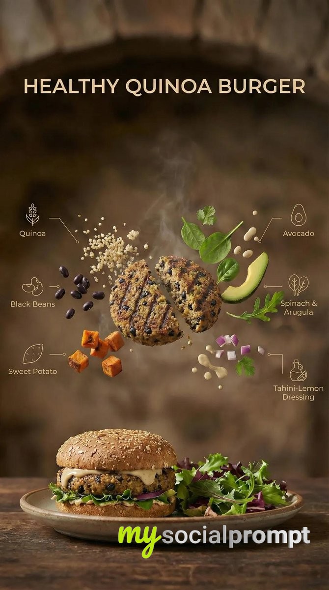 nanobanana prompt: Deconstructed Quinoa Burger in Cinematic Food Photography