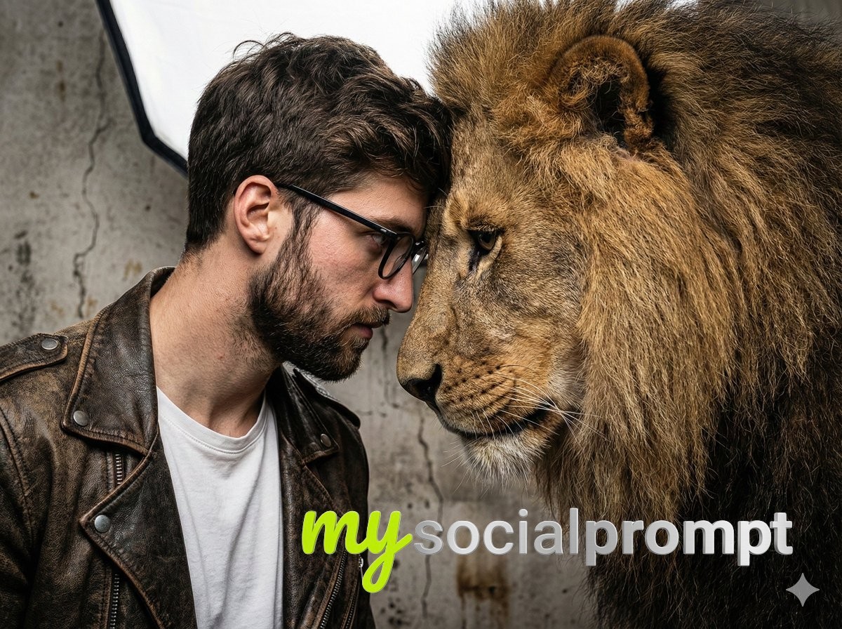 nanobanana prompt: Hyper-Realistic Portrait of Man and Lion with Cinematic Lighting