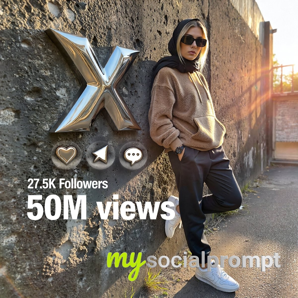 nanobanana prompt: Streetwear Fashion Portrait with Cinematic Lighting & Social Media Elements