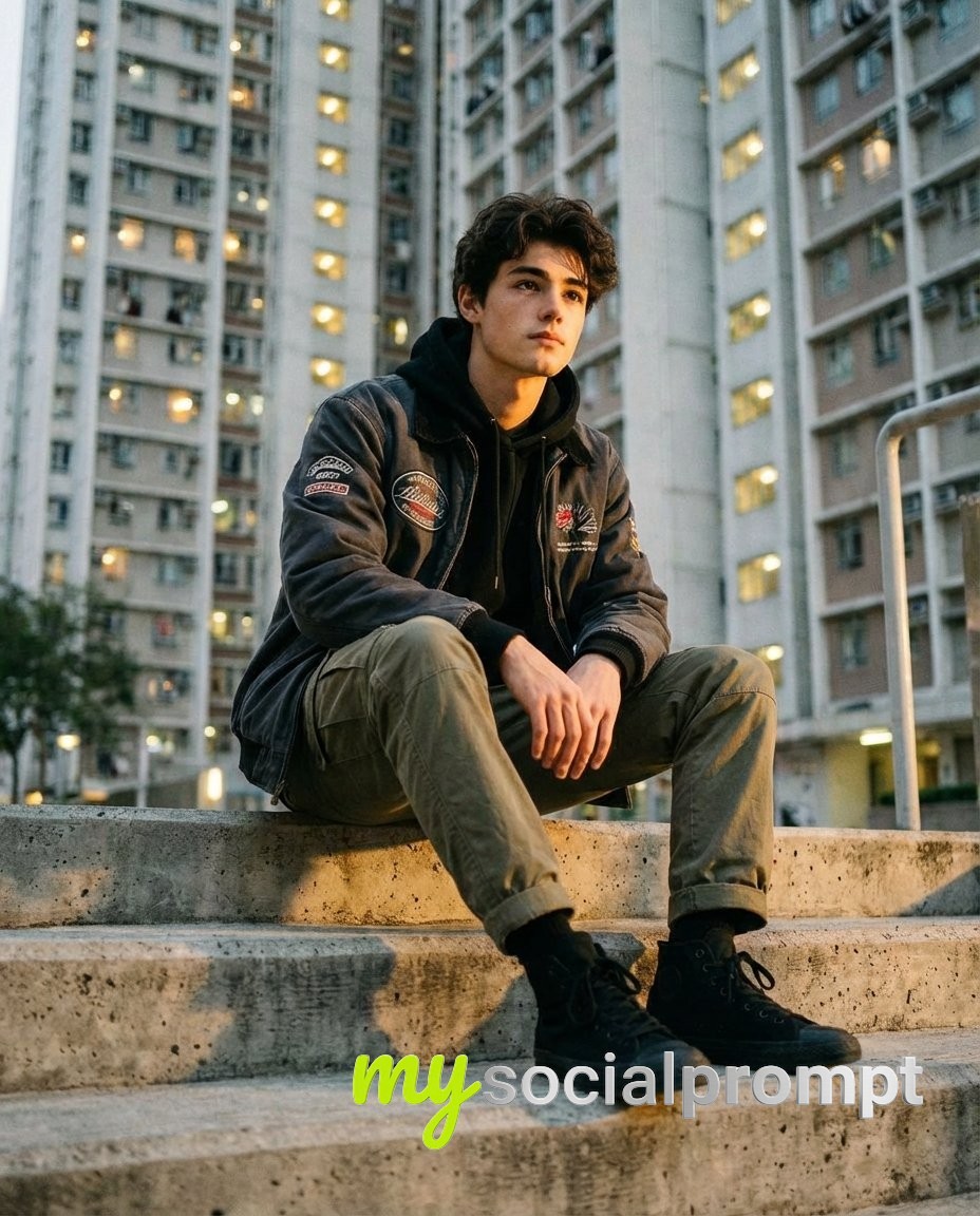 nanobanana prompt: Urban Streetwear Portrait with Cinematic Golden Hour Lighting
