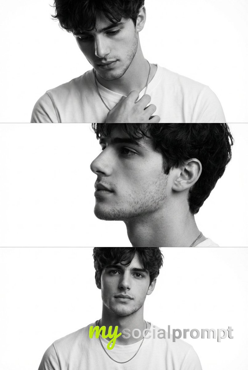 nanobanana prompt: Monochrome Fashion Triptych with Cinematic Rembrandt Lighting
