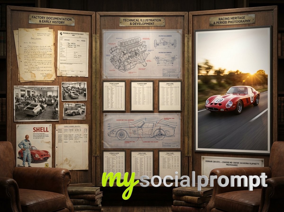 nanobanana prompt: Automotive Historian’s Documentation Board — Technical Blueprint & Provenance 4