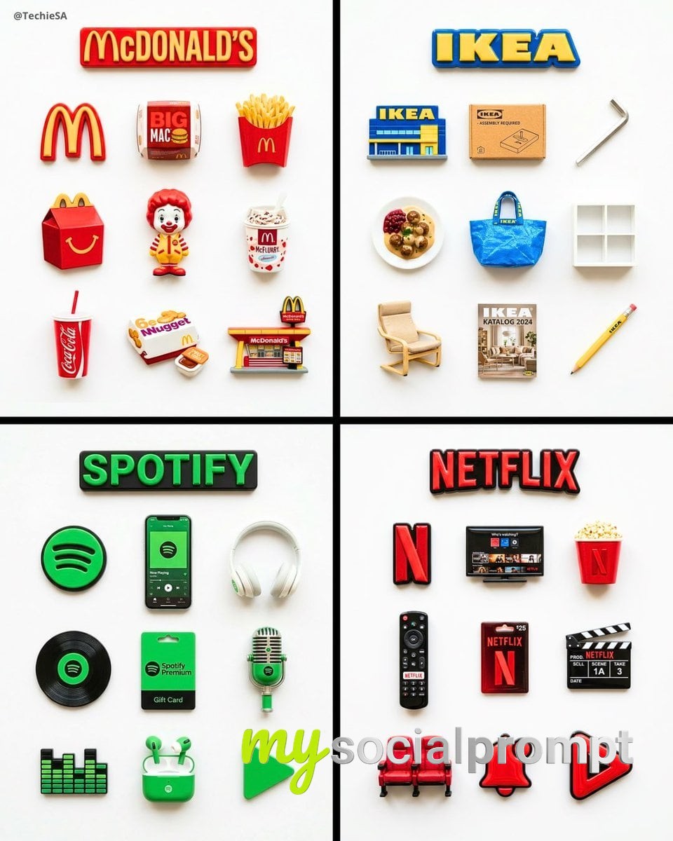 nanobanana prompt: Flat-Lay 3D Resin Fridge Magnets Collection for Brand Showcase