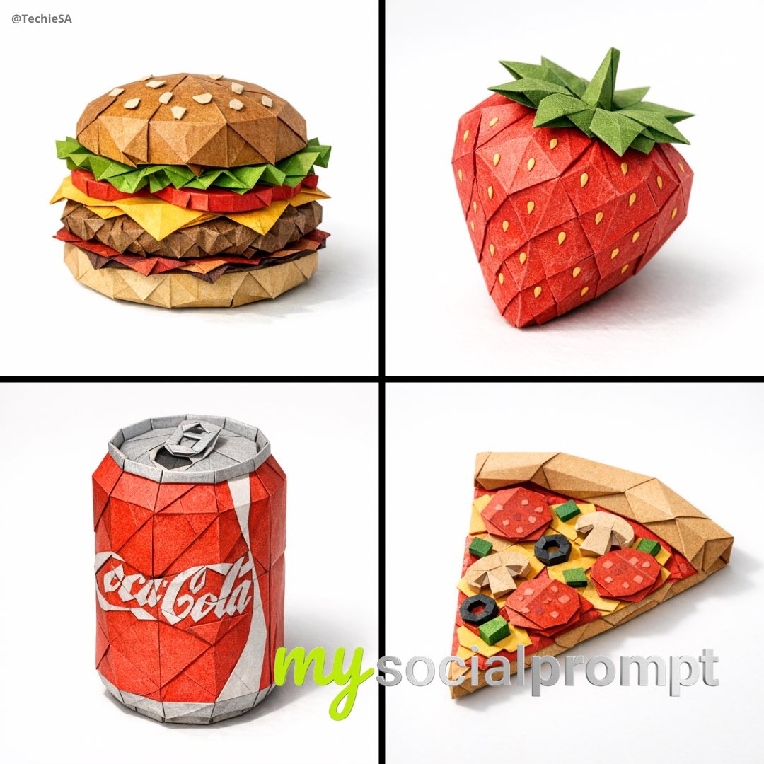 nanobanana prompt: Hyper-realistic Origami Food with Geometric Folds