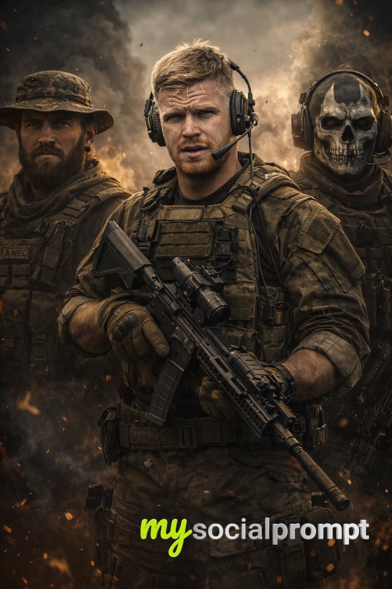 nanobanana prompt: Cinematic Military Squad Portrait with Hyper-realistic Textures