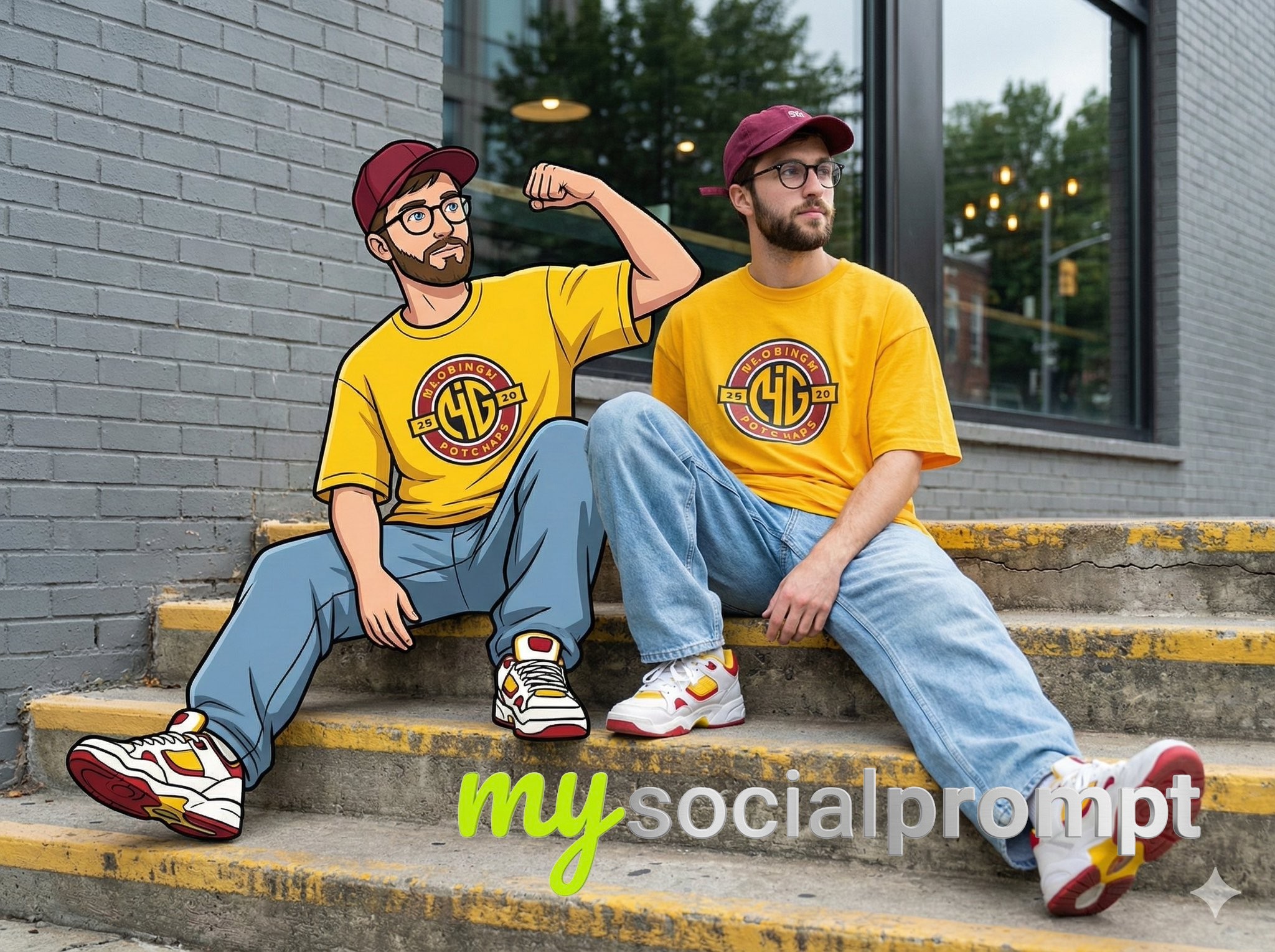 nanobanana prompt: Mixed-Reality Street Portrait with Cartoon Twin in Y2K Hip-Hop Fashion 2
