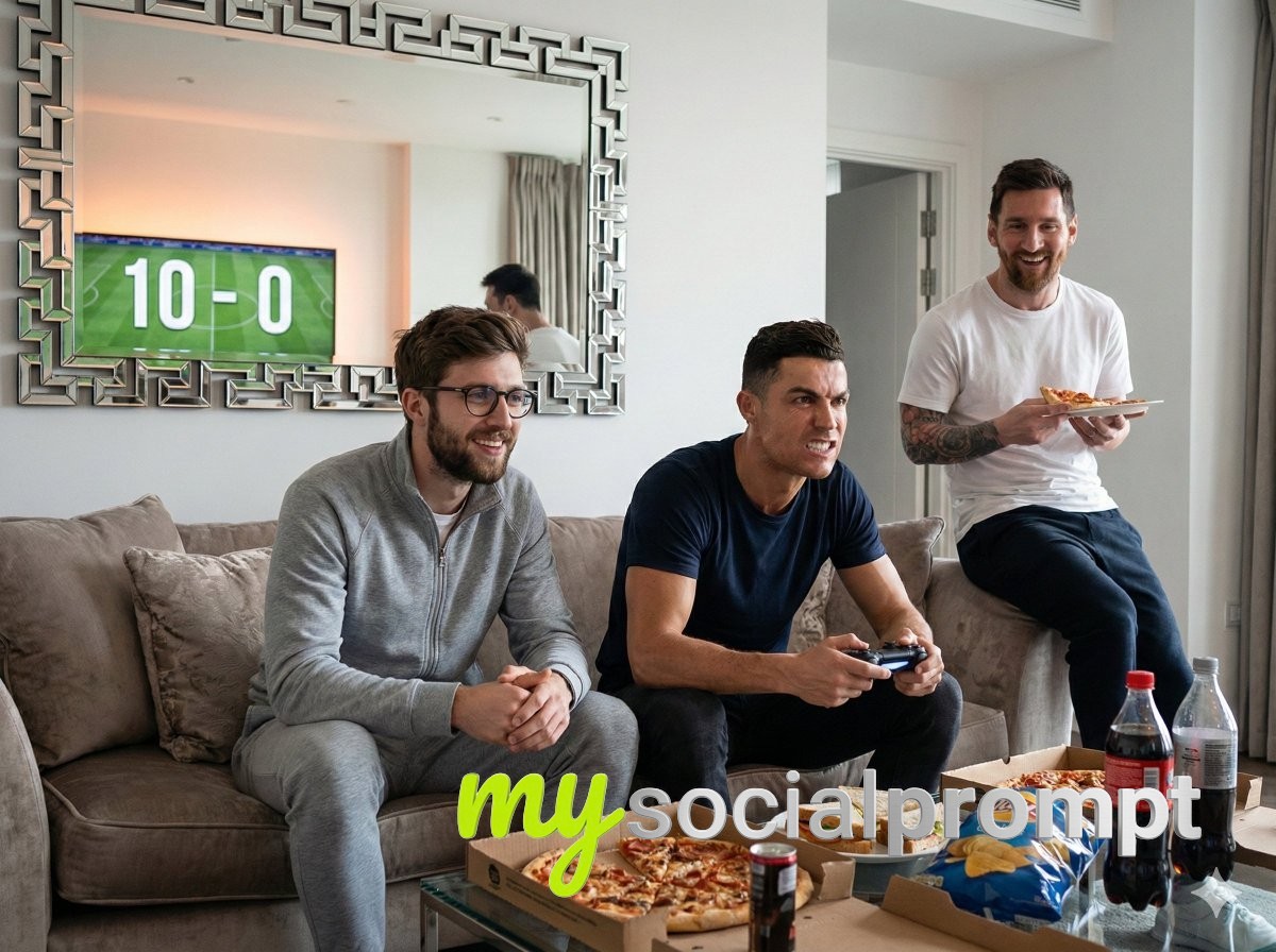nanobanana prompt: Hyper-realistic Cinematic Portrait of Football Legends in Modern Apartment