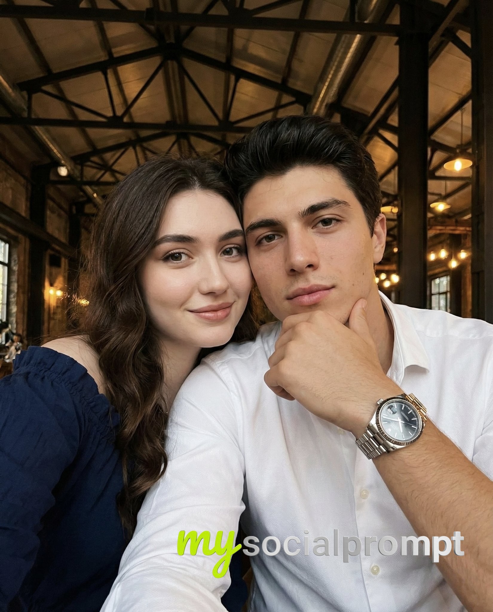 nanobanana prompt: Industrial Casual Couple Selfie with Warm Ambient Lighting