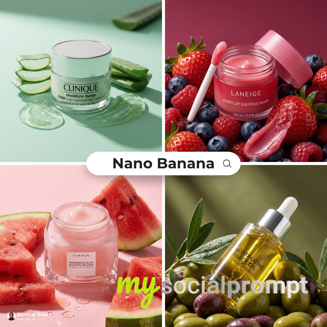 nanobanana prompt: Premium Skincare Ad with Hyper-realistic Fruit Textures