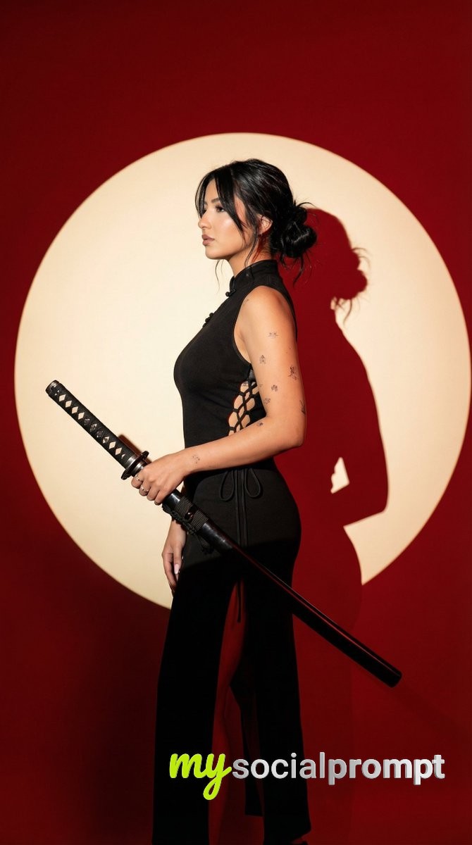 nanobanana prompt: Cinematic Fashion Portrait with Spotlight Disk and Katana 2