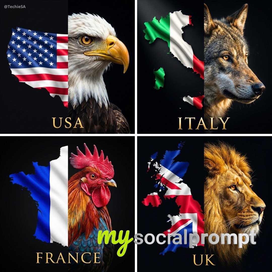 nanobanana prompt: Dramatic Patriotic Split Composition with Flag Map and National Animal